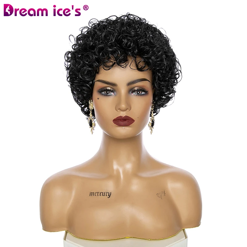 Short Black Natural Wavy Hair For Women Synthetic Wig With Bangs Pixie Cut Curly Hair Heat Resistant Fiber Layered Daily Use Wig