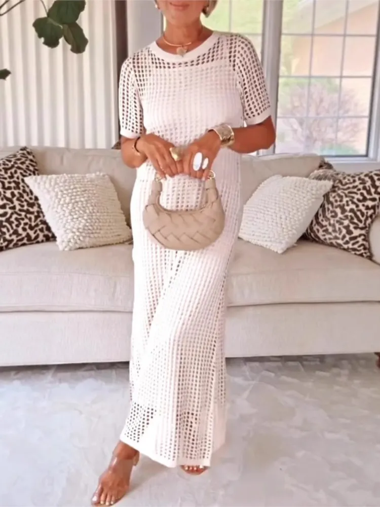 

Women's Round-neck Hollow Airy Dress Two-piece Set Summer Elegant Style Short-sleeved Mid-waist Comfortable Casual Dress Set