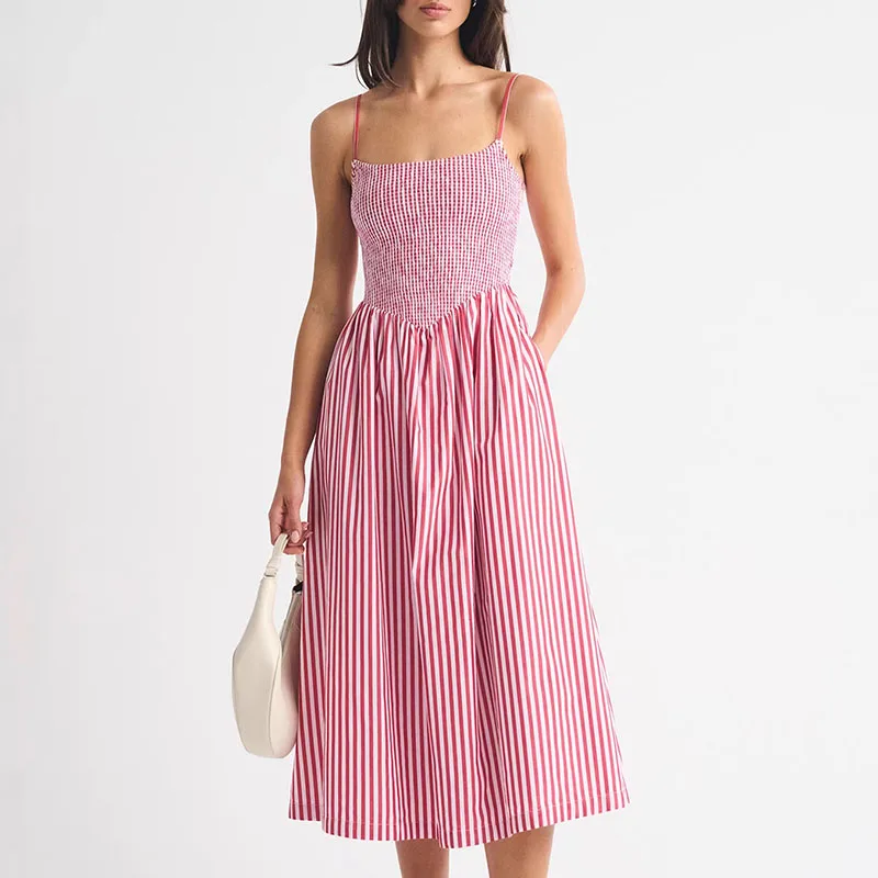 

Elegant Pleated Splice Sleeveless Dress Fashion Square Neck Backless A-line Dress Sexy Camisole Off Shoulder Beach Holiday Dress