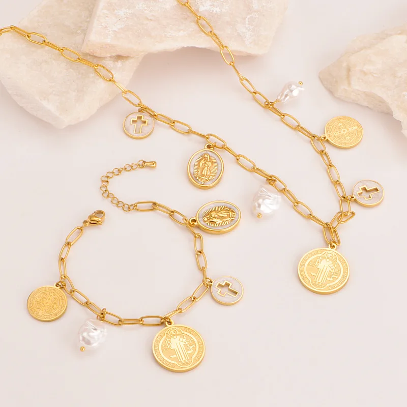 

1 комплект Сан-Бенито, крест экзорцизма, медаль Девы Марии, кулон, ожерелье для женщин, религиозные украшения из нержавеющей стали