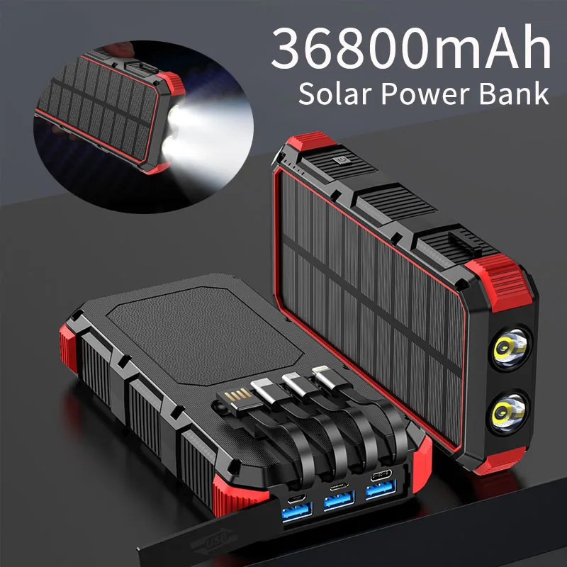 

36800mAh Solar Power Bank With Cable LED Light Portable External Battery Wireless Charger Powerbank for iPhone 16 Xiaomi Samsung