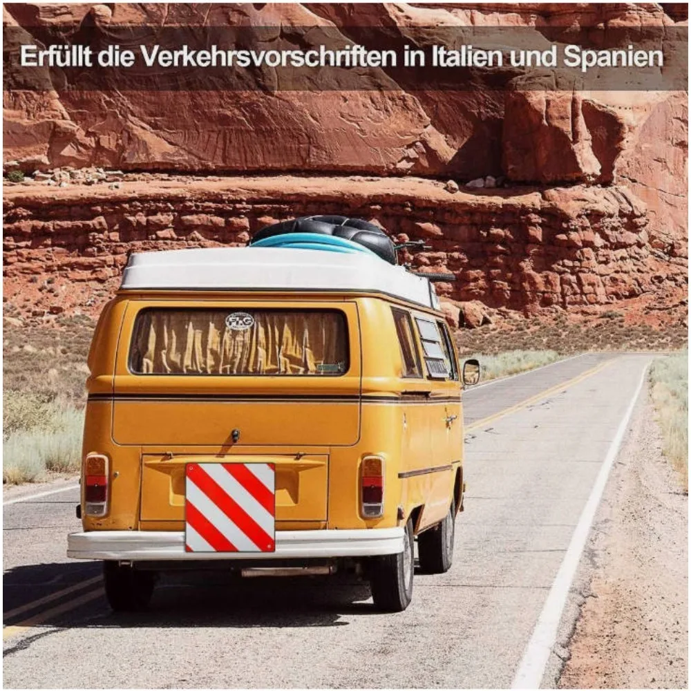 Doppelseitiges reflektierendes PVC-Warnschild, rot-weiß gestreiftes Zwei-in-Eins-Schild, Italien, Spanien, Portugal, 50x50cm, mit 4 Riemen, RV rot-weiß gestreiftes Warnschild, für RV, Auto, Motorrad,