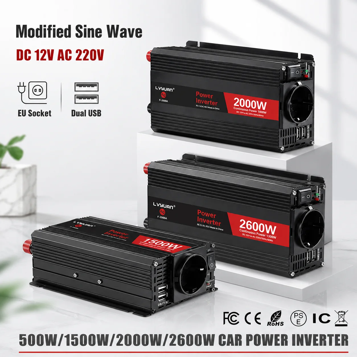 LVYUAN Tragbarer Auto-Stromwechselrichter 300W-2600W Modifizierte Sinuswelle DC 12V zu AC 230V EU-Buchse USB für Wohnmobil-Camping