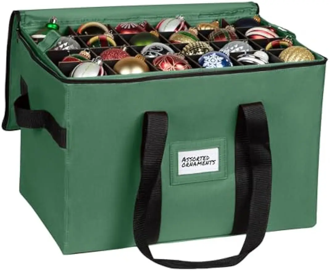 

Ящик для хранения рождественских украшений с регулируемыми перегородками, вмещает 9ш украшений, зеленый праздничный органайзер