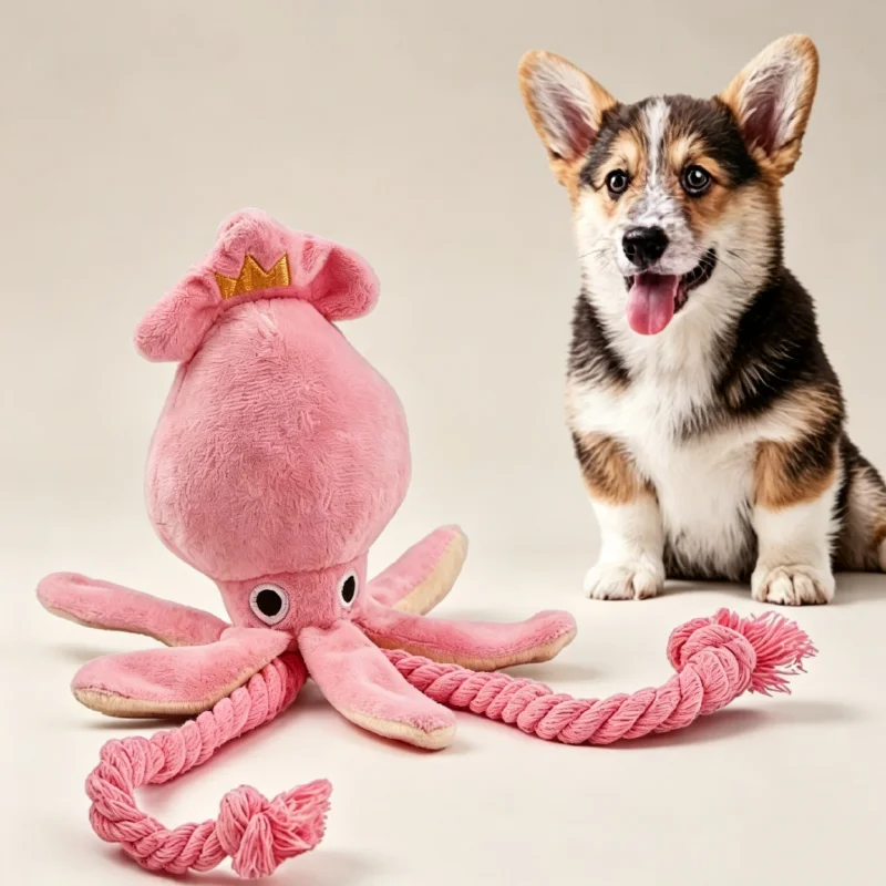 Quietschendes Oktopus-Hundespielzeug aus Baumwollseil, Interaktives Kauspielzeug zur Langeweile-Linderung, Selbstbeschäftigungsspielzeug für Kleine Welpen, Großhandel