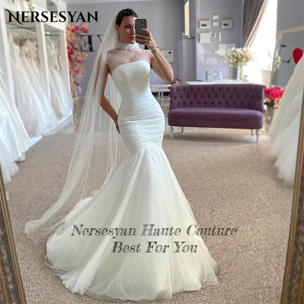 Nersesyan Glitter Mermaid Wedding Dresses High Neck Sleeveless Sparkly Prom Dress Plated Tulle Puff Skirt Princess Bride Dress