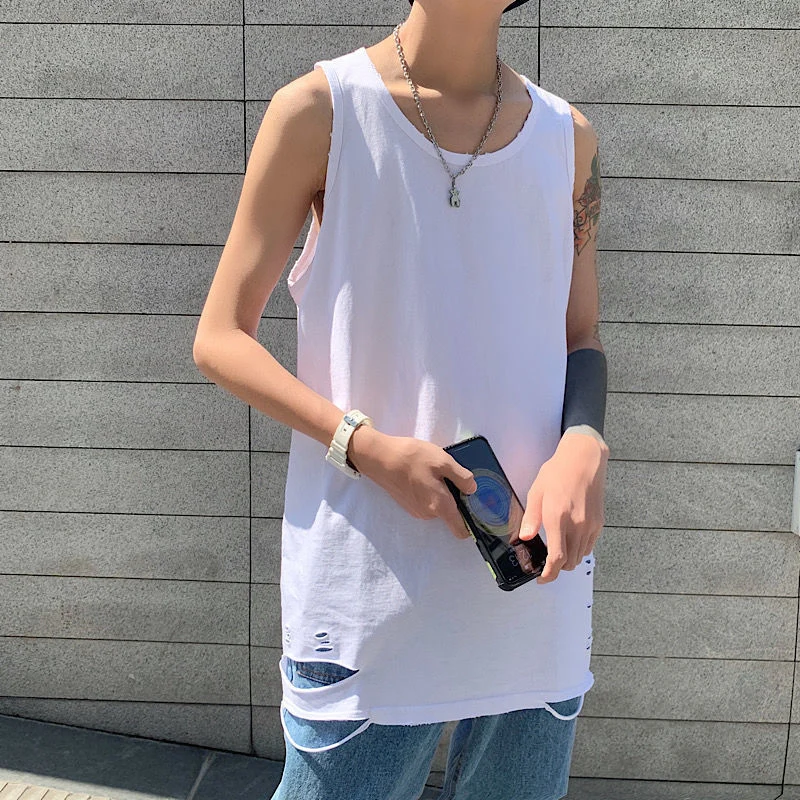 

Summer Ripped Hole O Neck Men Tank Black White Camel Hip Hop Punk High Street Fashion Oversized Sleeveless T Shirts Sports Vest