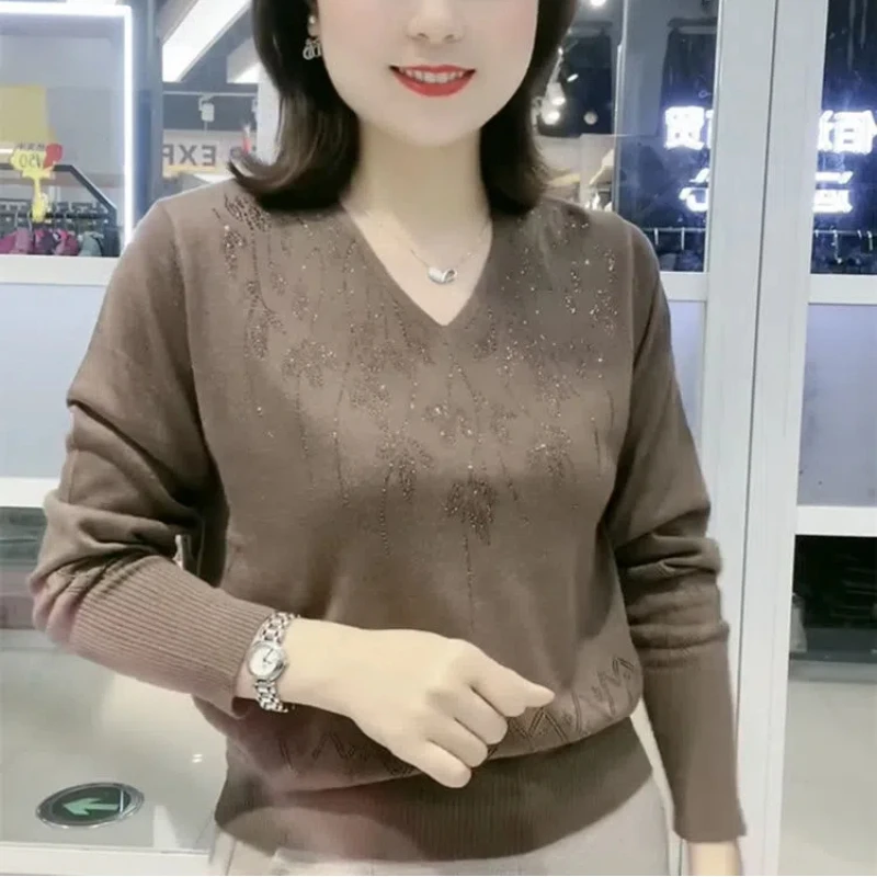 Simplicity Office Lady Autumn Winter New Women\'s Solid Diamonds Fashion Casual Long Sleeve Pullovers Bottoming Shirt Knitted Top