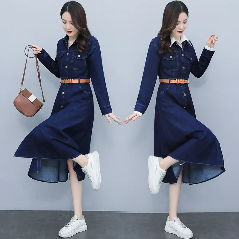 Neckline/cuffs detachable fake two-piece spring and autumn women's dress Tuck in Waist show long style over the knee jeans dress