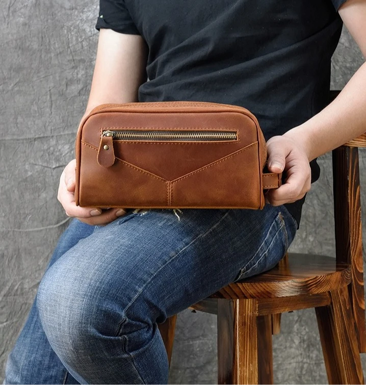 

Genuine leather retro men's clutch, crazy horse leather multi-functional washbasin storage, multi-pocket women's makeup bag