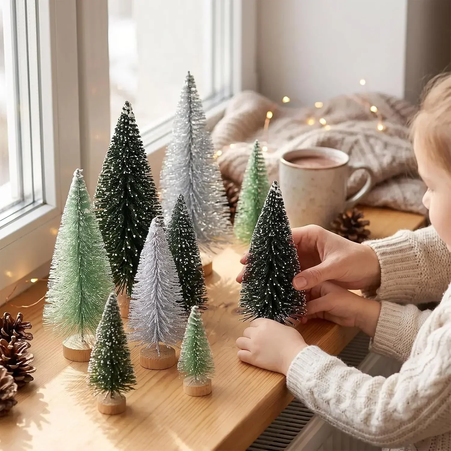 30pcs Mini Christmas Trees Artificial Christmas Tree Bottle Brush Trees with Wooden Base for Christmas Decor Party Home Table Craft Decorations (Silver,Green) 6