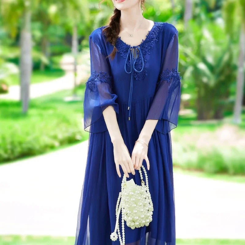 

New Summer 100% Mulberry Silk Dresses Chic And Elegant Woman Dress V-neck Loose Waist Midi Dress Vestidos Elegantes Para Mujer