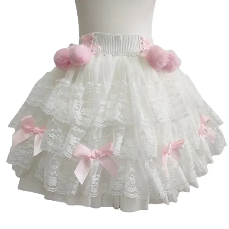 Cute Multilayered Lace Skirts for Sweet Girls Summer Bows Decoration Elastic Waist Lolita Style White Skirt Kawaii Clothes