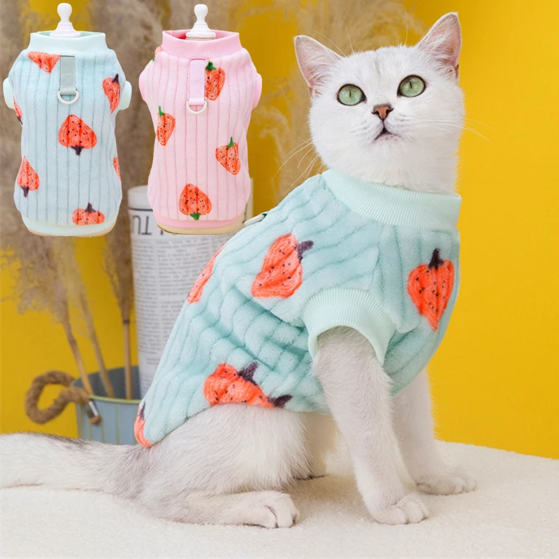 Strawberry Print Cat Puppy Sweater Autumn Winter Pet Clothing Plush Pullover with Pull-tab Low Price Kitten Clothes Sphynx Coats