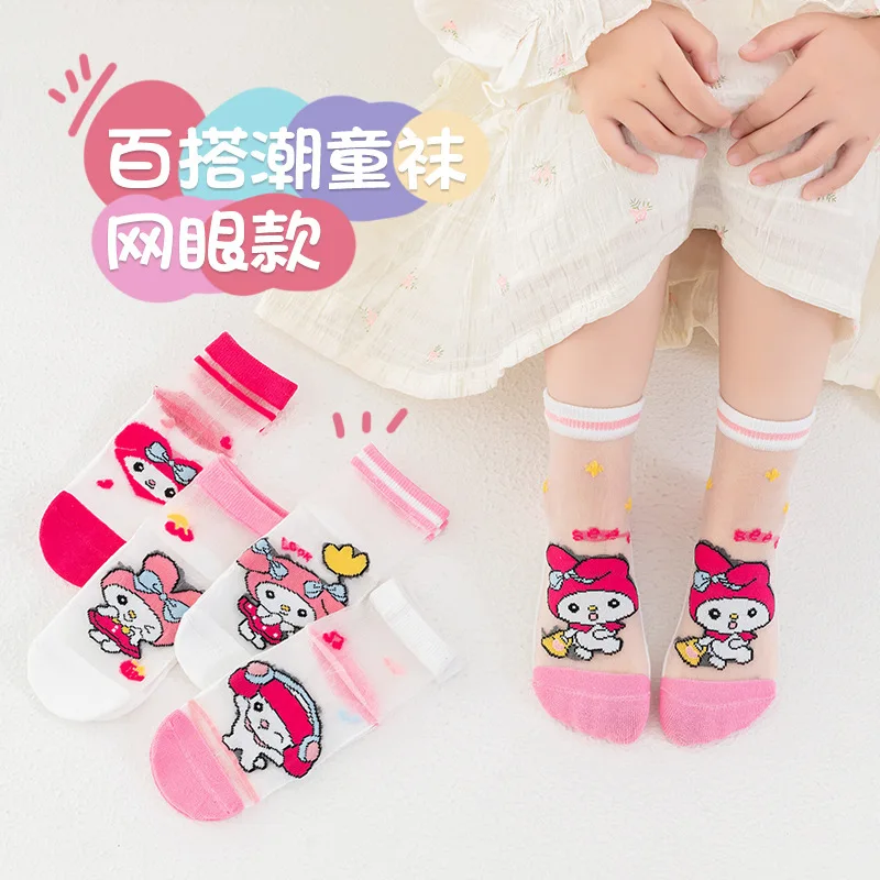 

5Pairs Girls Socks Summer Melody Sanrio Glass Silk Ultra-Thin Medium Socks Princess Small Medium-Sized Children's Students' Sock