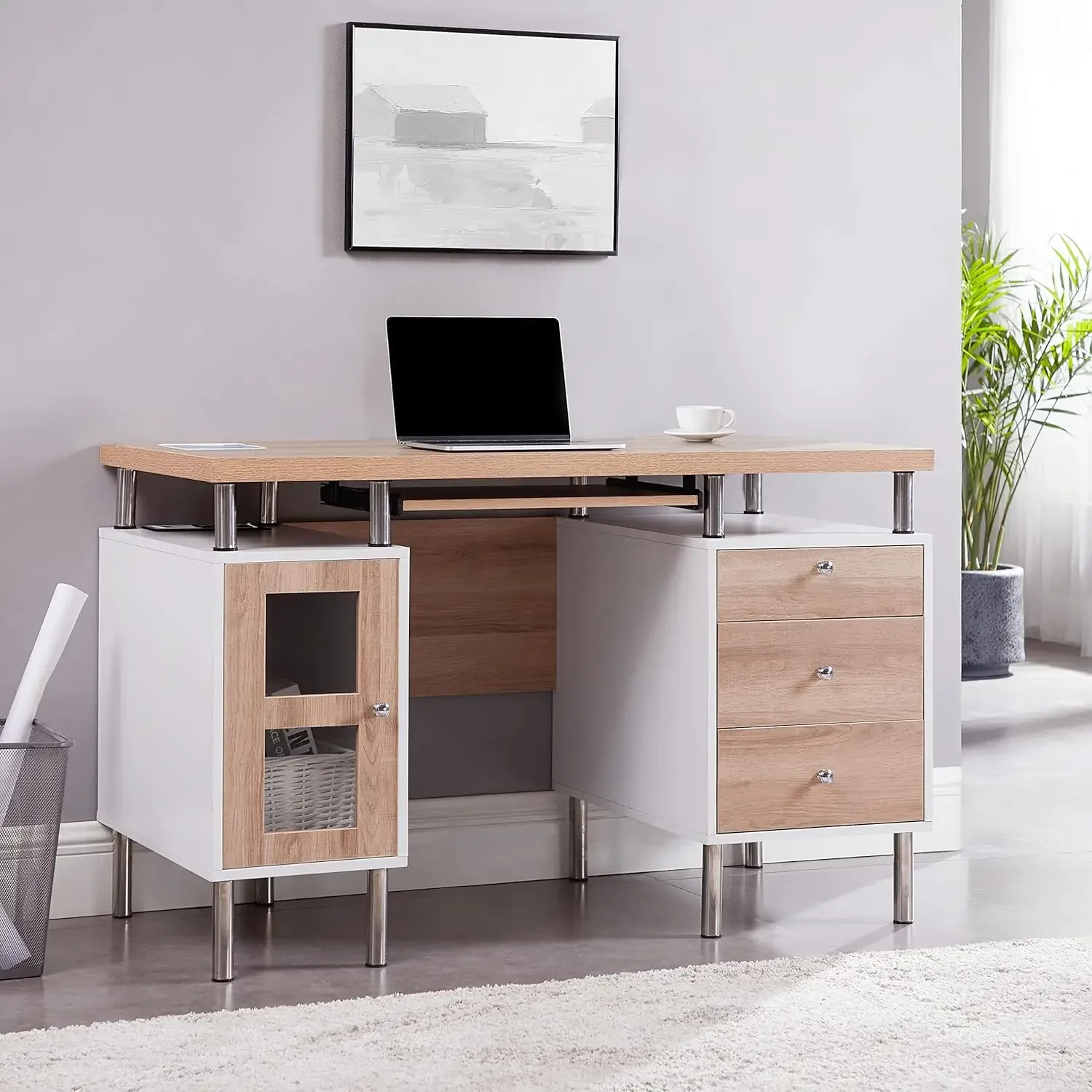 3-Drawer Contemporary Two-Tone Small Desk with Storage, Computer Table Desk with Drawers for Home, Office Desk With