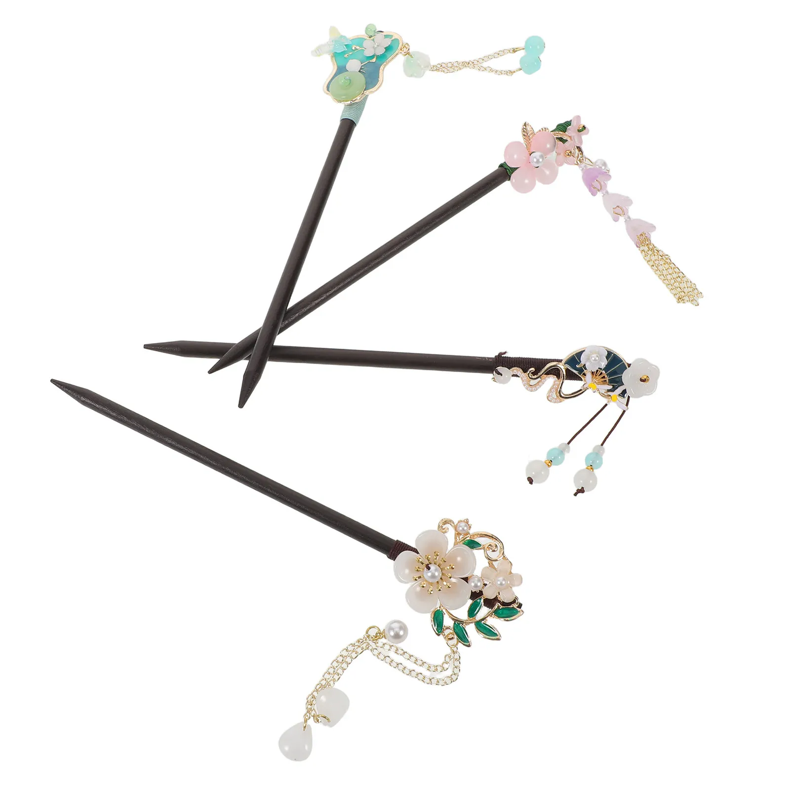 

Набор из 4 винтажных китайских заколок для волос из черного дерева с кисточками, в форме цветка и облака, для причесок Ханьфу