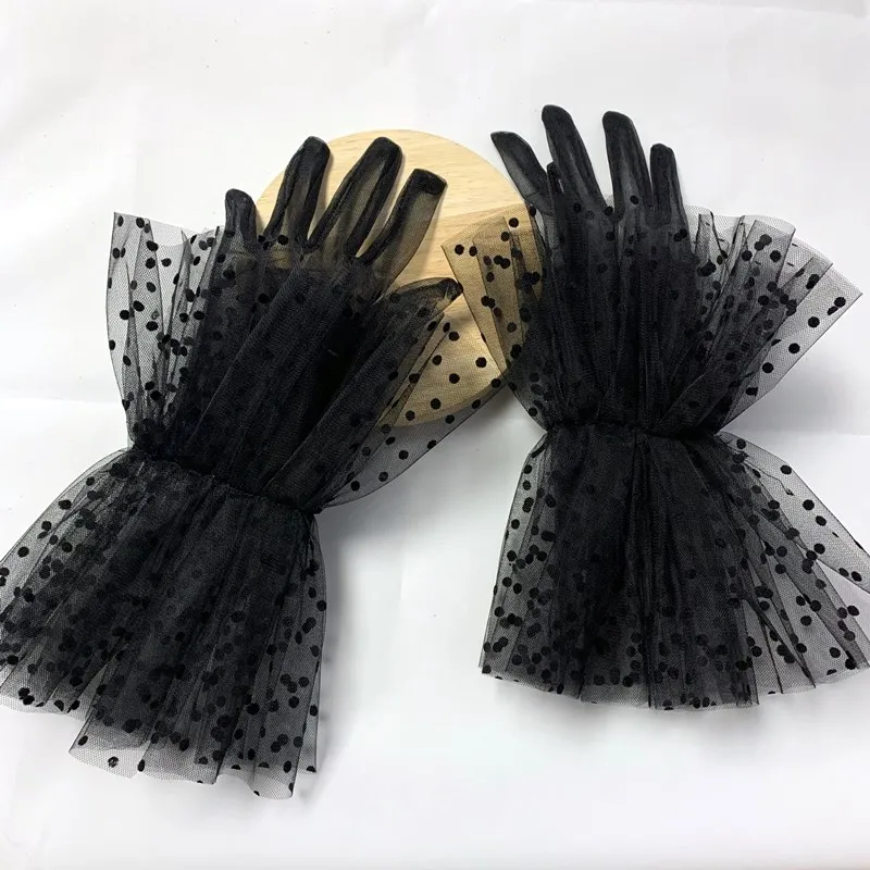 Gants en dentelle transparente noire et blanche, gants en tulle, gants de mariage minces, gants de robe de soirée, gants de prise de vue photo, gants à pois transparents