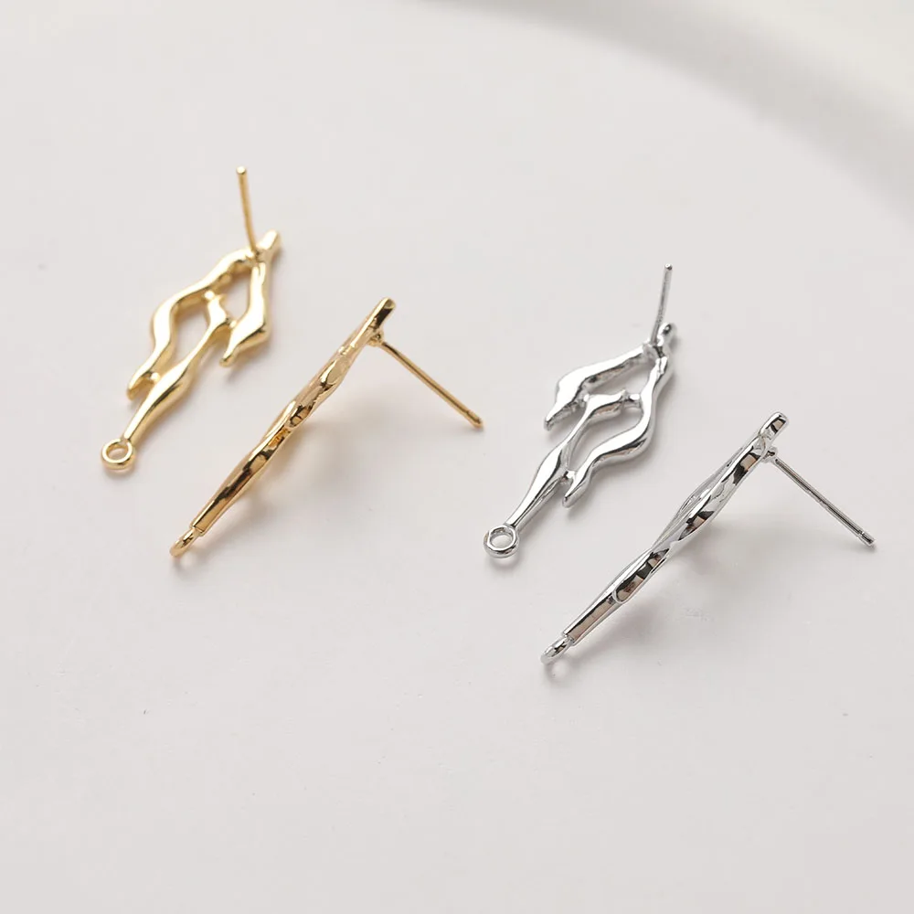 2PCS Dainty Irregular Ear Studs Earrings for Jewelry Findings Components DIY Hand Made Brass 14k Gold Plated 11*31mm