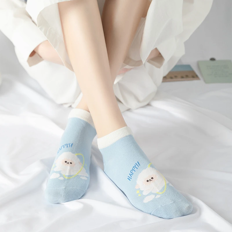 Cute Women Ankle Socks Comfortable Low Tube Kawaii Cartoon Sheep Pattern Funny Light Blue Casual Female Short Socks