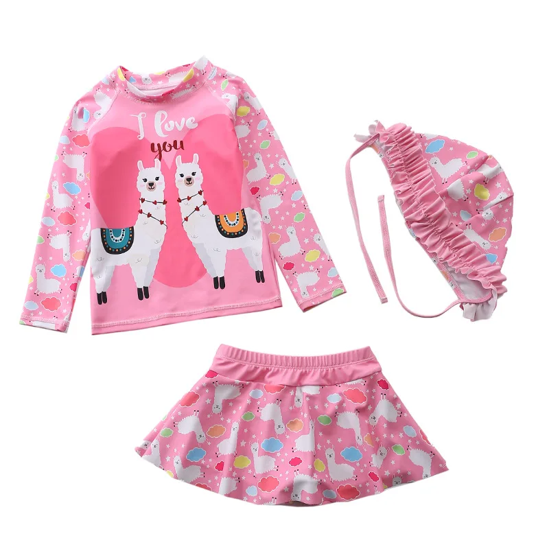 HappyFlute Three-piece Sets With Lace Cap Children\'s Female Split Cute Princess Style Swimsuit