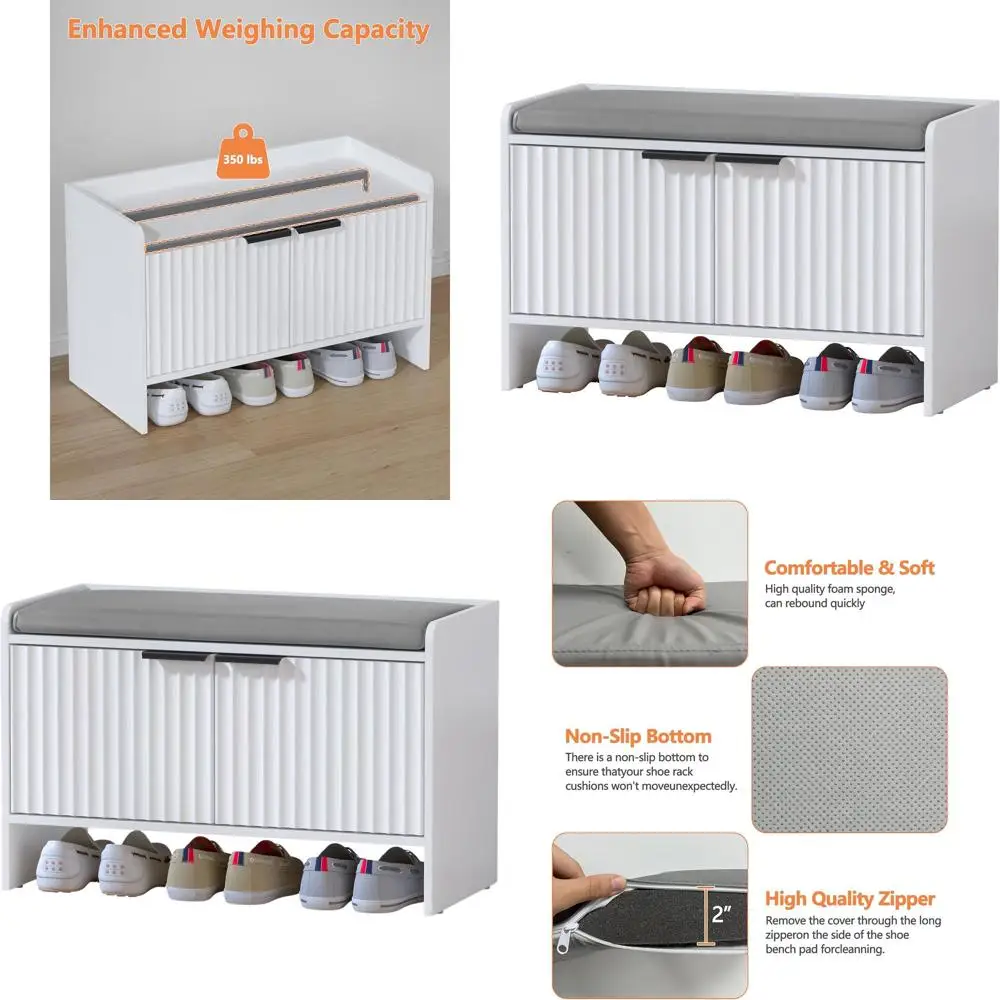 

Белая скамейка для хранения в прихожей с мягким сиденьем и регулируемой полкой для обуви, гостиной и спальни.