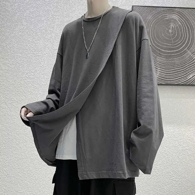 Side Slit Creative Design Oversized Soft Streetwear Korean Fashion Casual Long Sleeve T Shirt Men Summer Harajuku 2022 New Trend