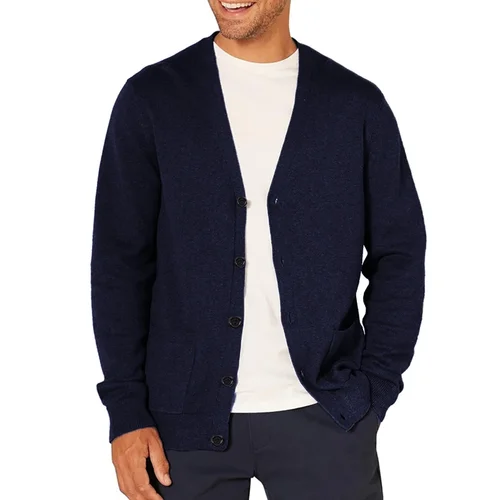 Imagen 2 del producto Nuevo Cárdigan de manga larga de primavera para hombre, suéter de lana, ropa deportiva tejida, chaqueta superior ligera de gran tamaño con botones y cuello en V para hombre