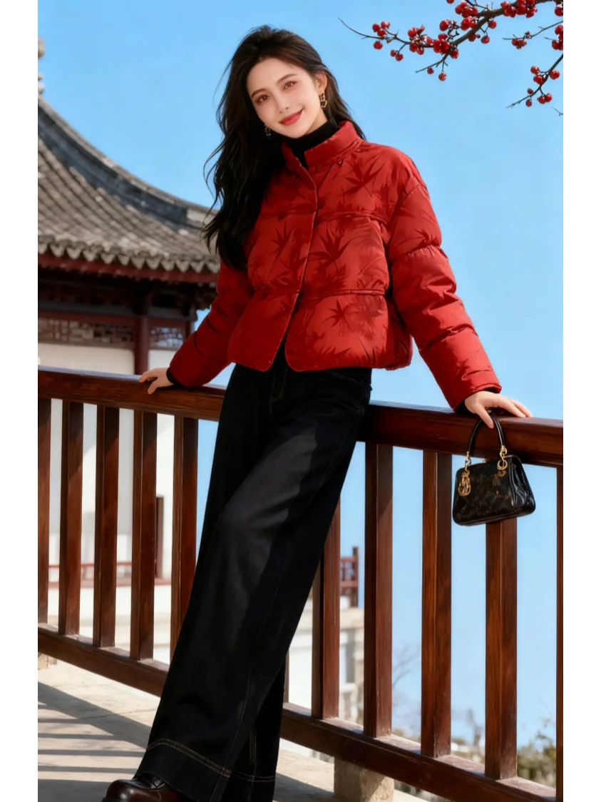 Red Stand Collar Short Cotton Jacket Women's Fashion 2026 Winter New Chinese Style National Style Button Outerwear