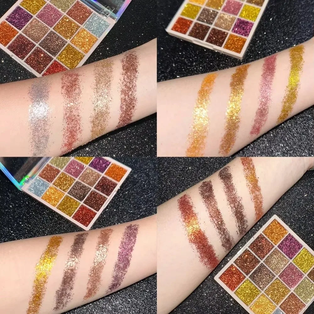 Palette di ombretti glitterati da 16 colori Multicolor Shimmer Trucco per il viso Finitura Corpo Colore dorato Sparkle Paillettes Trucco per feste sul palco