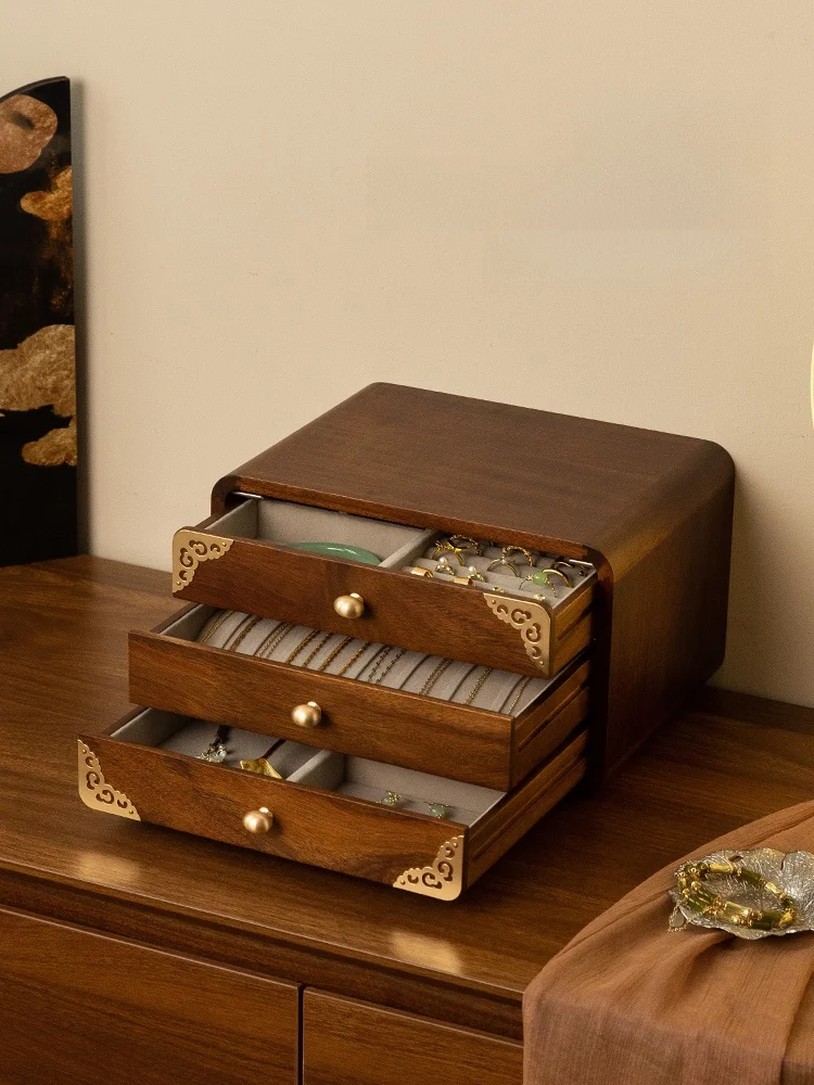 Rustic Wooden Jewelry Box Storage Box New Chinese Style High End Three Gold Hardware Jewelry Box Accessories Box Wedding Gift