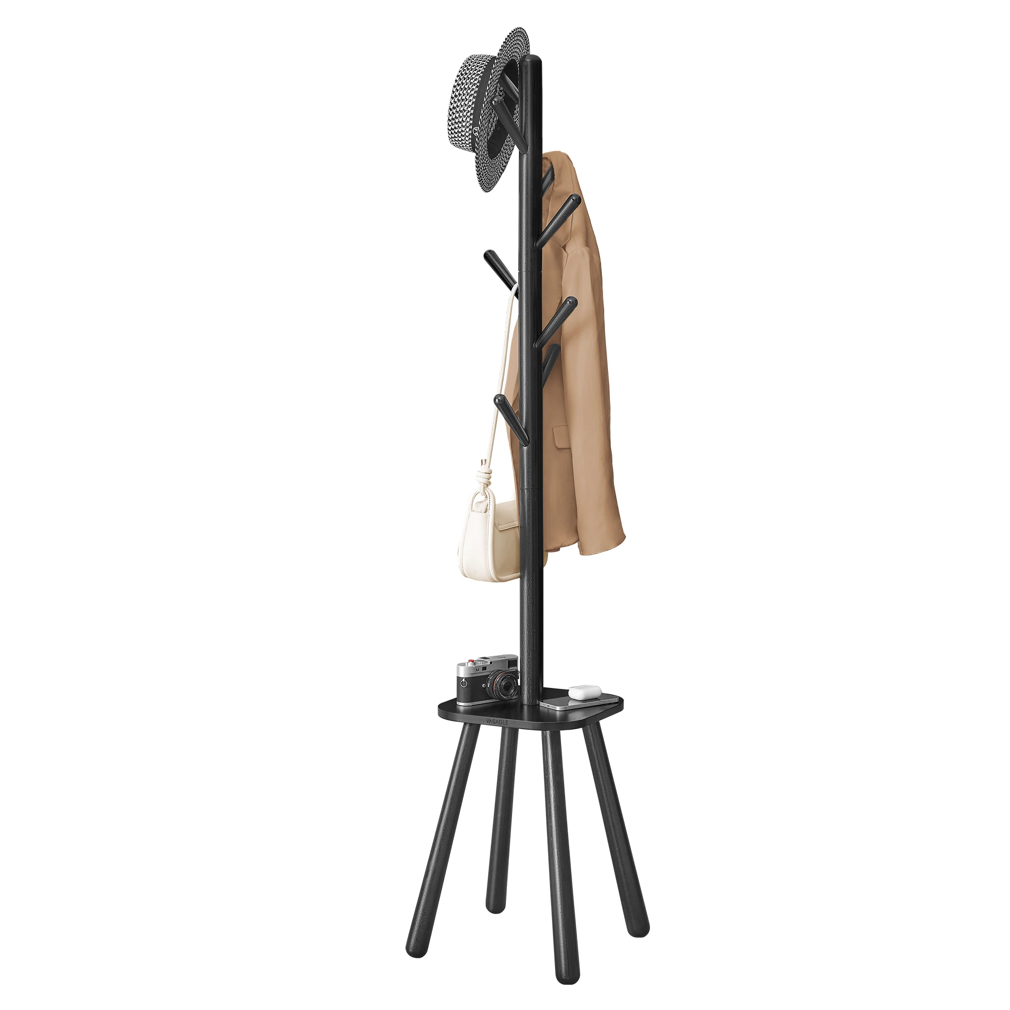 VASAGLE Coat Rack, Free Standing Coat Stand, Hall Coat Tree with 8 Hooks and Storage Shelf, 67.1 Inch Tall, for Coats, Hats