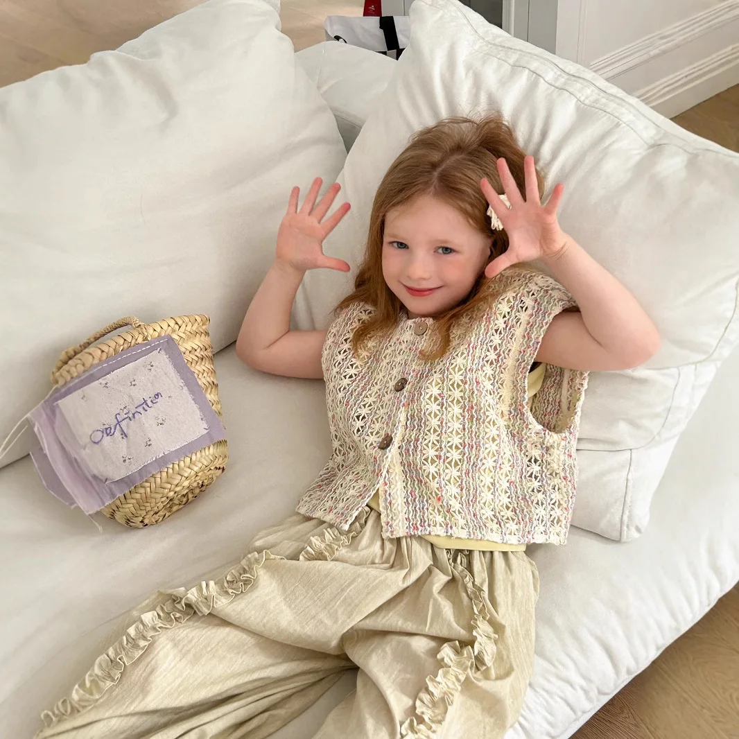 

Girls Vest Coat 2025 Spring and Summer New Korean Fashion All-match Hollow Out Lace Vest Coat Kids Clothes