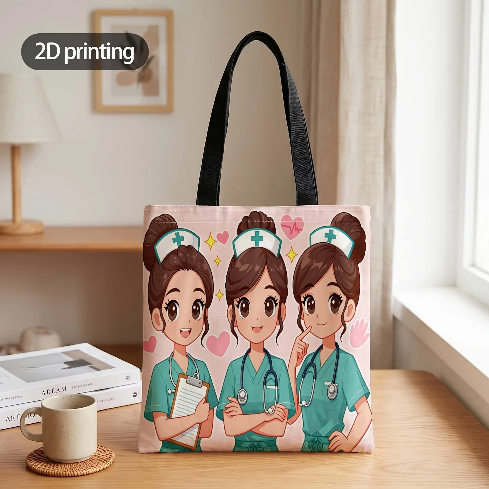 2D Printed Handbag with Nurse Squad Ready to Care Pattern, Reusable Fashion Shoulder Bag Shopping Tote Bag Suitable for Shopping