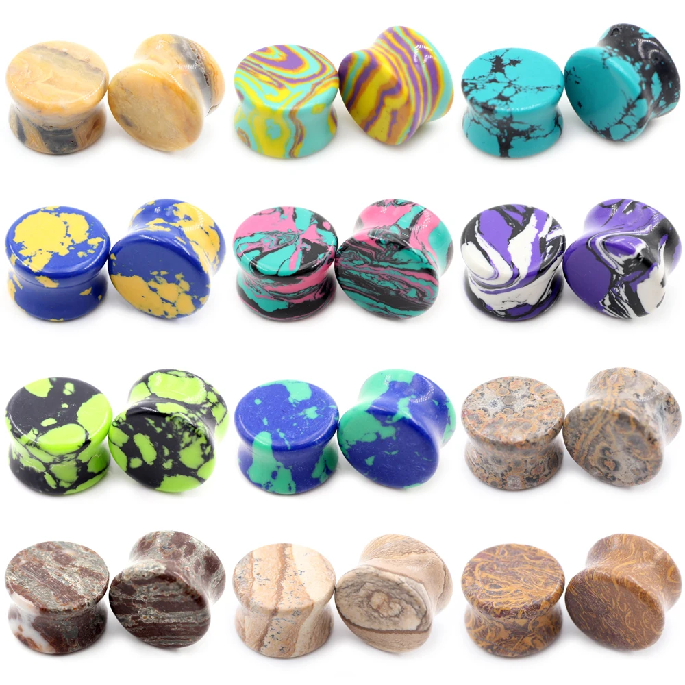 Alisouy 2PCS Colorful Natural Stone Double Flared Ear Tunnel Plugs Flesh Stretcher Expander Gauges Earring Piercing Body Jewelry