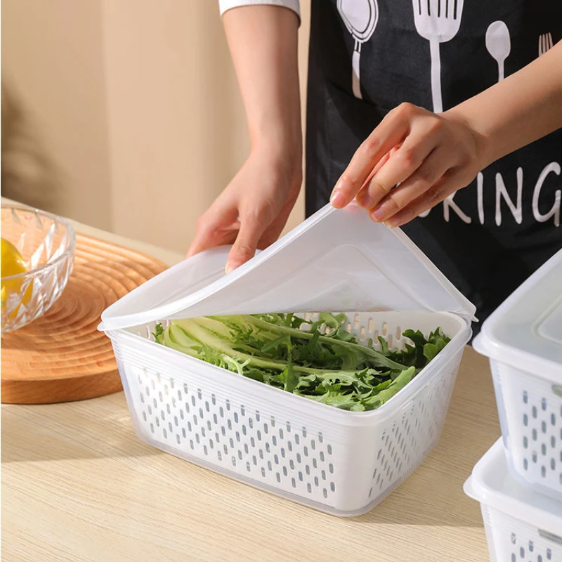 Fresh Keeping Box Refrigerator Double-deck Storage Refrigerated Baskets Drain Rack Fruit Vegetables Kitchen Sealed with Lid NEW