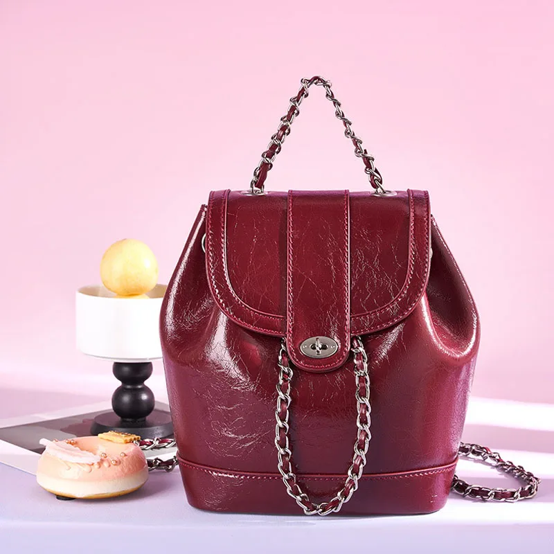 korean niche backpack 2023 Spring New Chain Shining Oil Wax Leather Vintage Shoulder Underarm Bag Female Purse