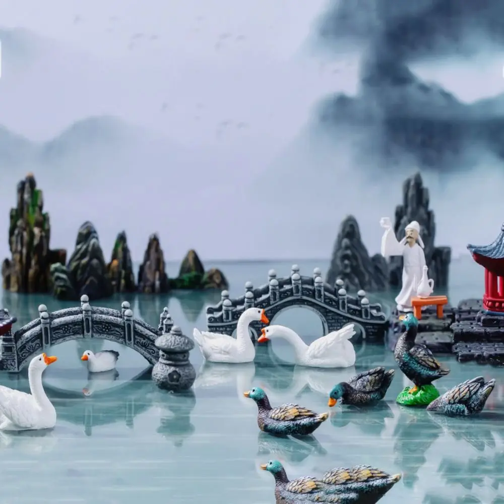 Dekoratif Bebatuan Paviliun Jembatan Seperti Hidup Resin Patung Bebek Putih Simulasi Angsa Mikro Lanskap Ornamen Taman Peri