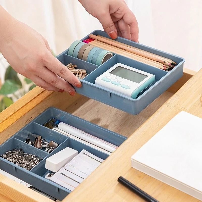 Organizador de gaveta de mesa, caixa de armazenamento com compartimentos divididos, plástico reforçado para papelaria, maquiagem, escritório, dormitório doméstico