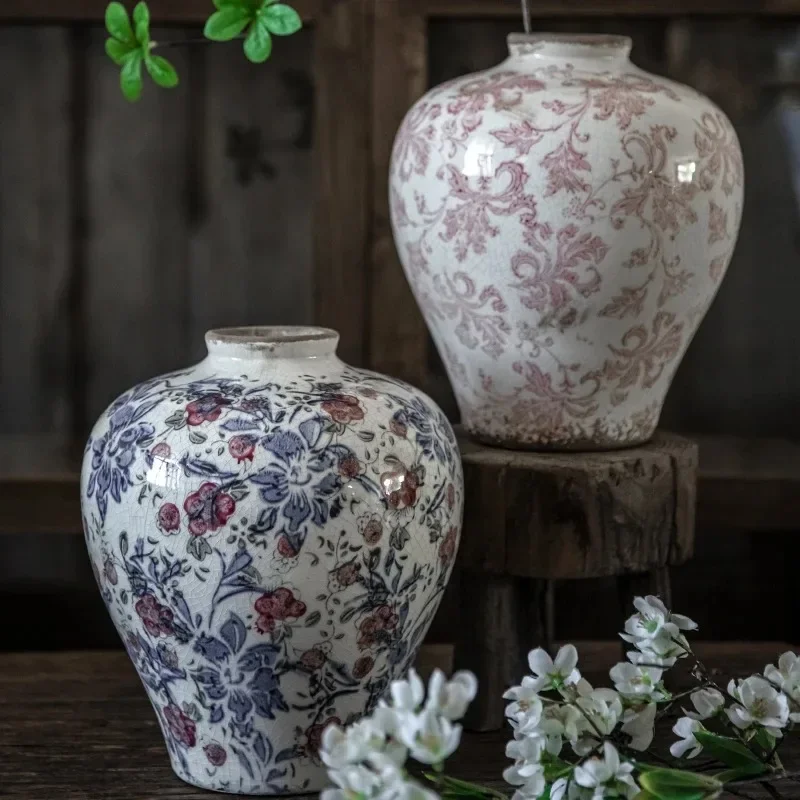 Chinese ancient style rich flower three-color small mouth crack ceramic vase, entrance living room dining room decoration