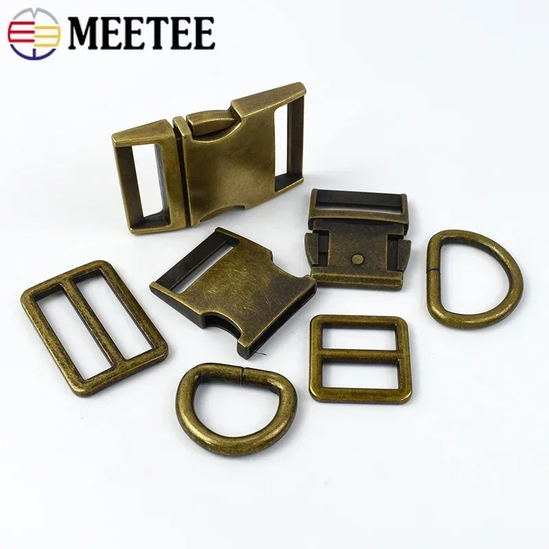 2/5Sets 15-38mm Bronze Metal Side Release Buckles Tri-Glide Slider Adjust Clasp D Ring Connect Hook for Bag Strap Dog Collar