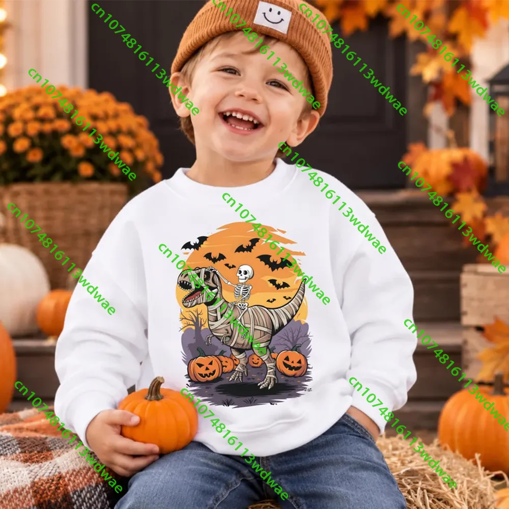 Skeleton Dinosaur Halloween Autumn Winter Round Neck Hoodie Boy Girls Sweathirt Ghost Children Adult Warm Comfortable Sweatshirt
