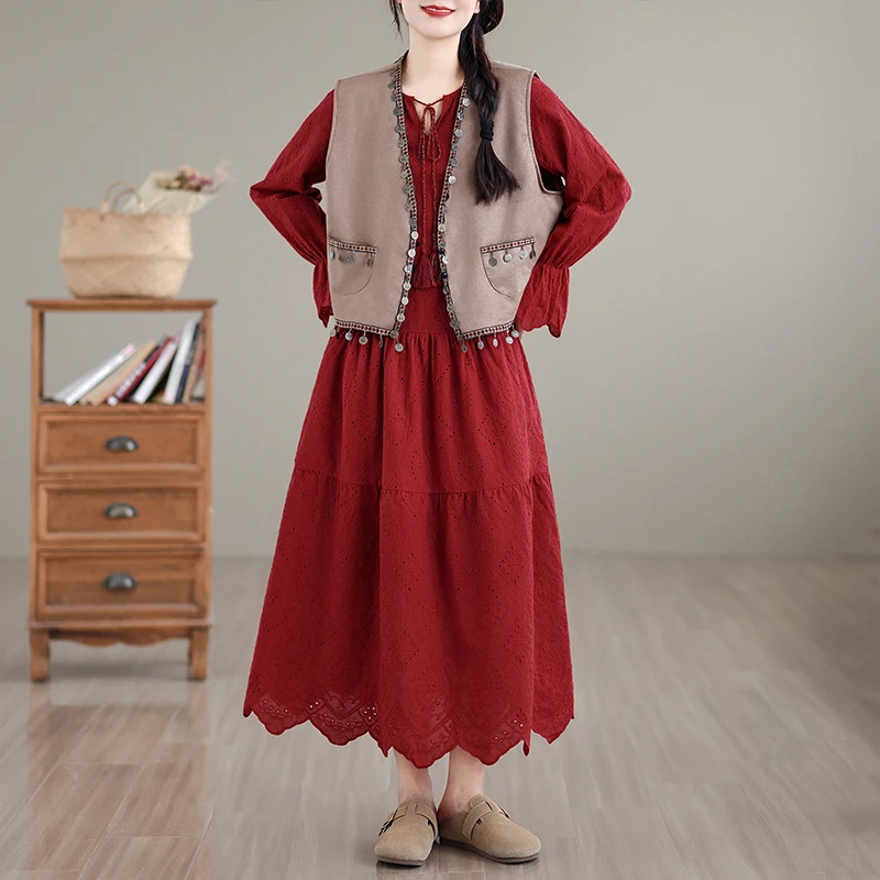 Abito da donna a maniche lunghe in cotone rosso retrò con ritaglio in crochete Abito a trapezio con volant con lacci Autunno Beach Vacation Abiti maxi da fata