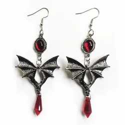 Gothic Retro Vampire Bat Earrings for Women Fashion Witch Jewelry Halloween Gift Red Drop Pointed Crystal Hook Pendant Earrings