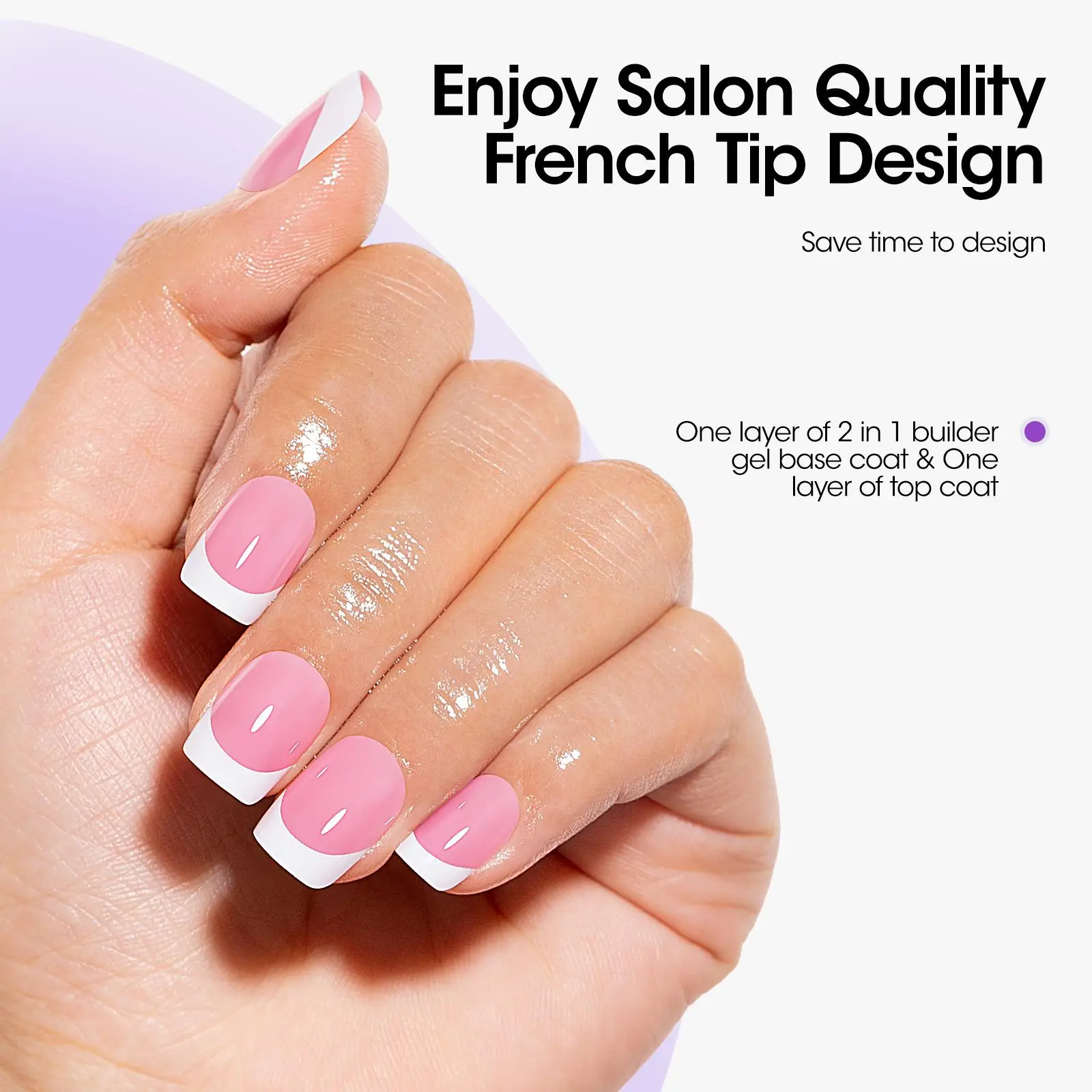 GELLEN French Tips Gel Nail Kit Short Square Press on Nails with UV Lamp Base Top Coat Glue Pink Artificial Nail Art Design