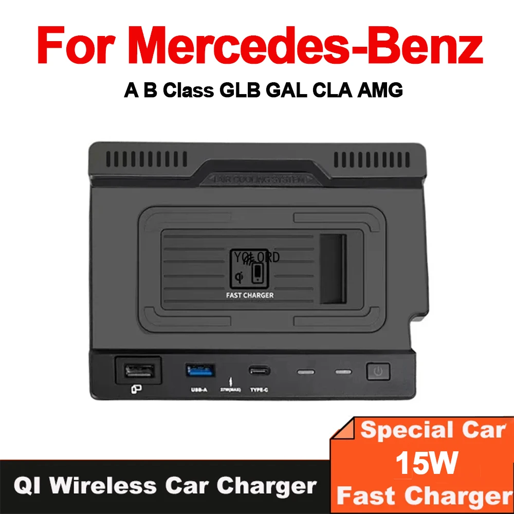 Car QI Wireless Charger 15W Phone Charger Charging For Mercedes-Benz A B GLB AMG CLA A35L W188 W177 W246 A180 A200 B200