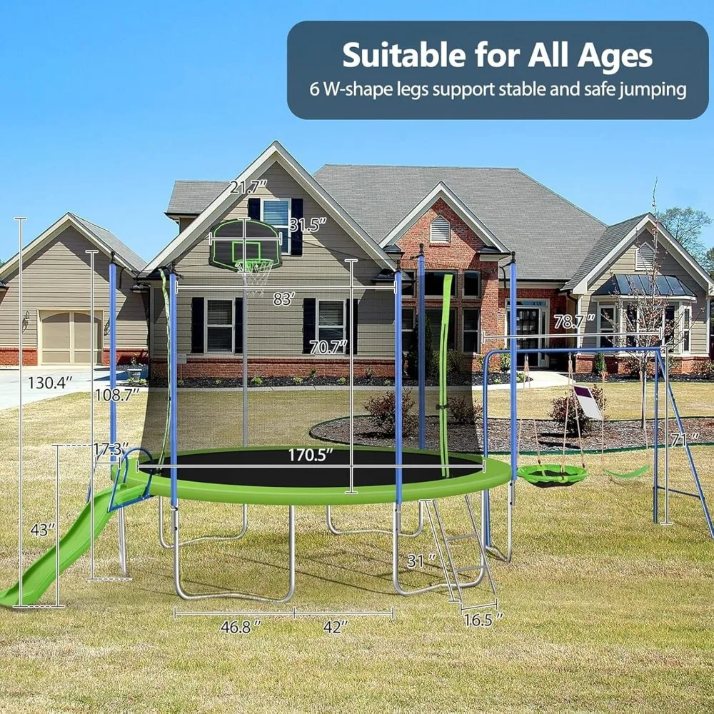 12-14FT Trampolin mit Rutsche, Schaukelset, Basketballkorb, Leiter, Outdoor-Garten-Spielplatzgerät mit Sicherheitsnetz für Kinder