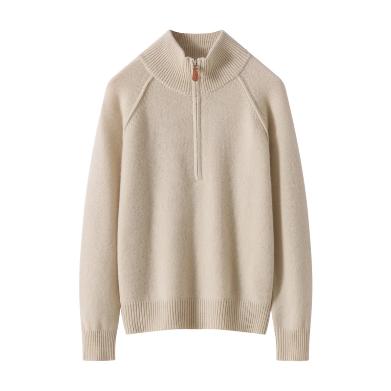 High quality women's 100% pure cashmere pullover luxury brand loose knit sweater loose semi high neck Tops Pull zipper Jumper