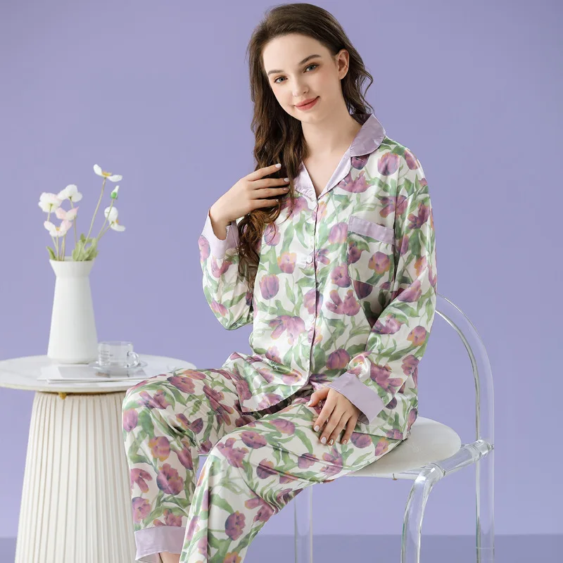 Women's Pajamas Sets Spring Autumn 2 Piece Tulip Print Pyjama Faux Silk Satin Sleepwear Long Sleeve Pijama Mujer Pjs Homewear