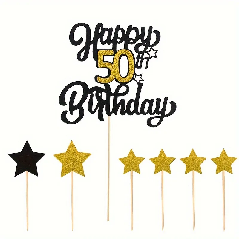 7pcs set Black Gold Glitter Adult Birthday Party Cake Topper 21 30 40 50 60 70 Years Old Birtday Cake Decoration Cake Supplies
